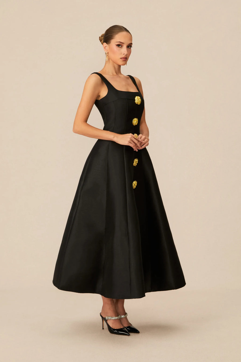 Elegant Mood Black Embellished Square Neck Midi Dress