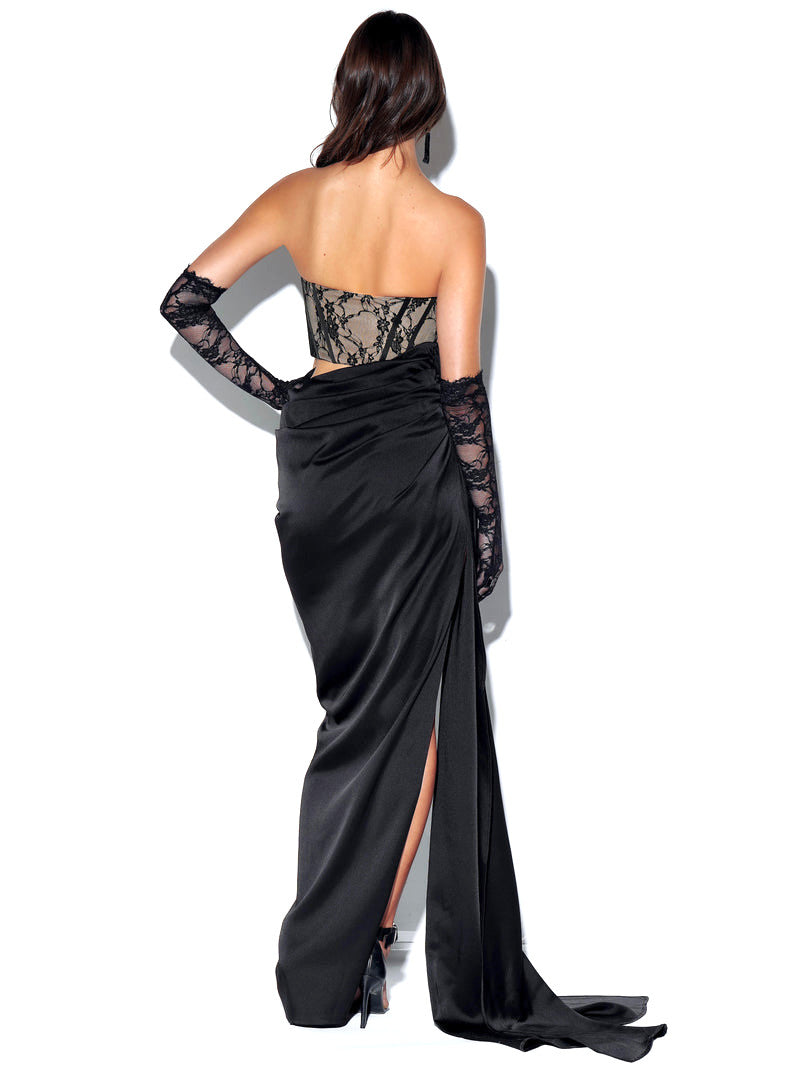 Strapless Lace Corset Draped Maxi Dress Black