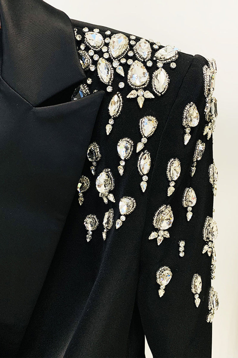 ELEGANT BLAZER WITH DIAMOND EMBELLISHED SHOULDERS - BLACK