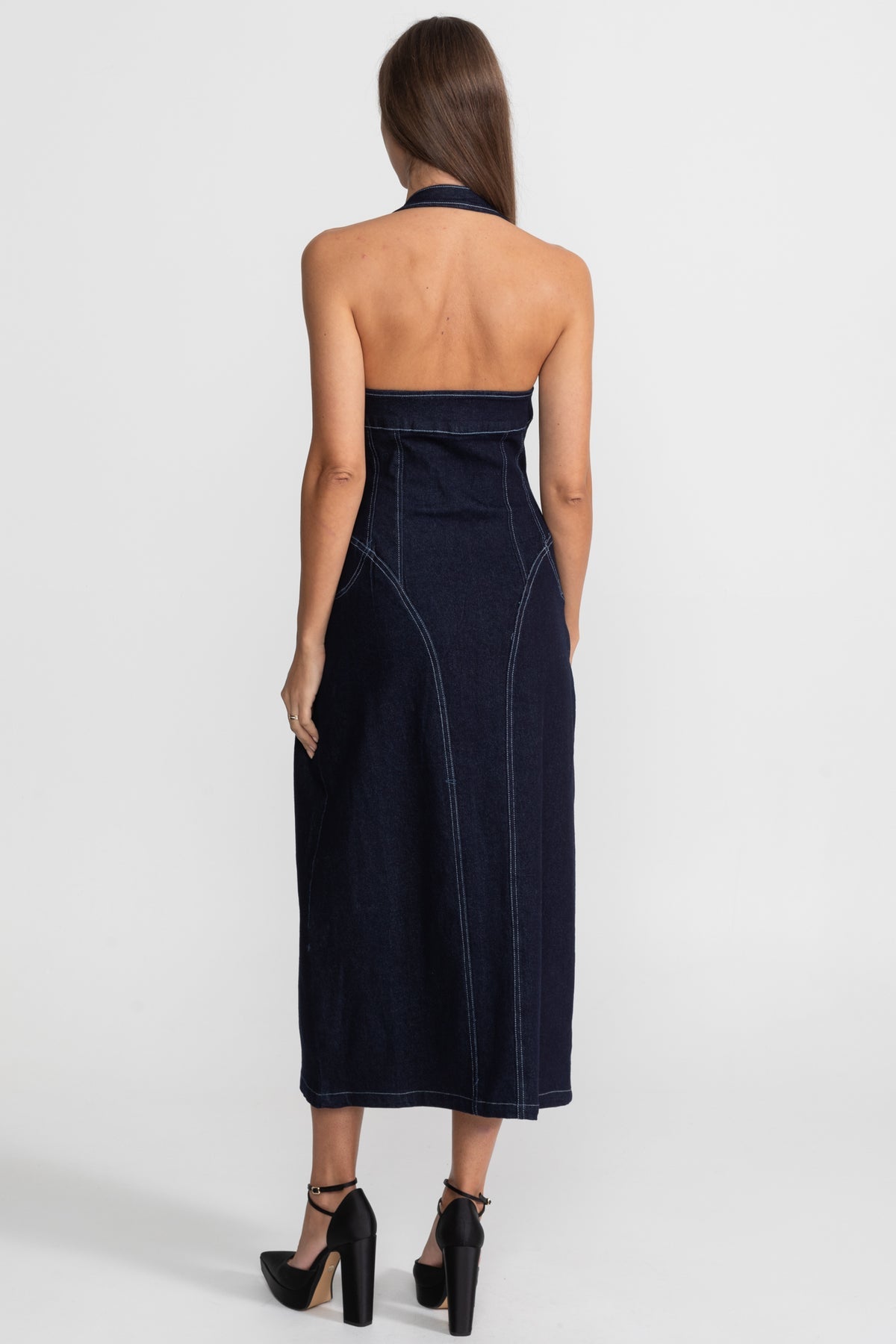 DENIM HALTER DRESS WITH FRONT ZIP CLOSURE - DARK INDIGO