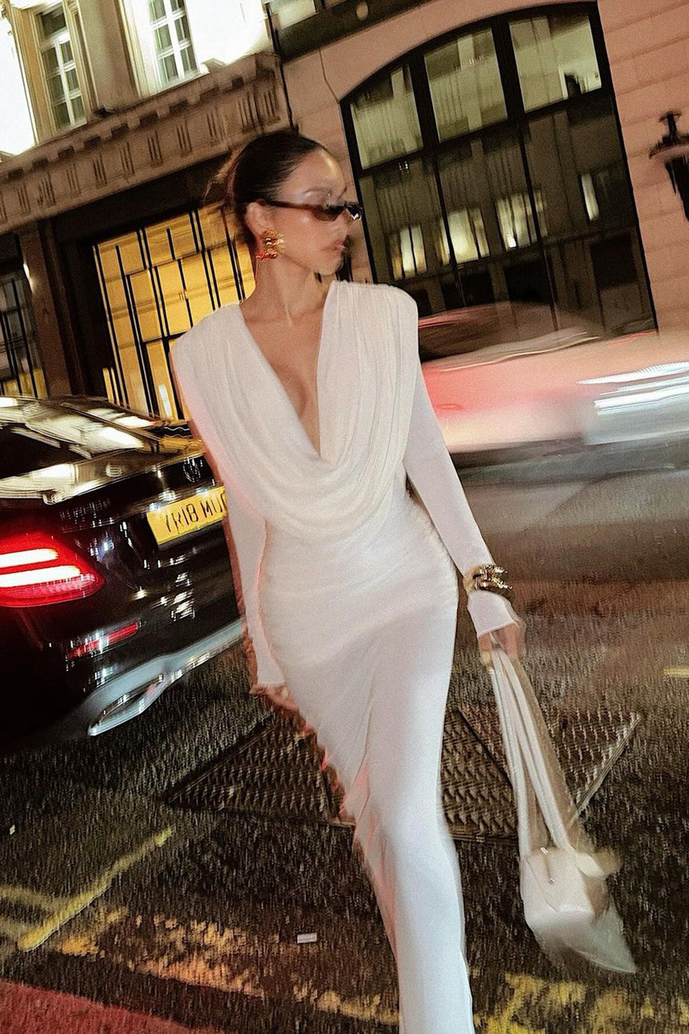 Cowl Neck Long Sleeve Draped Gown