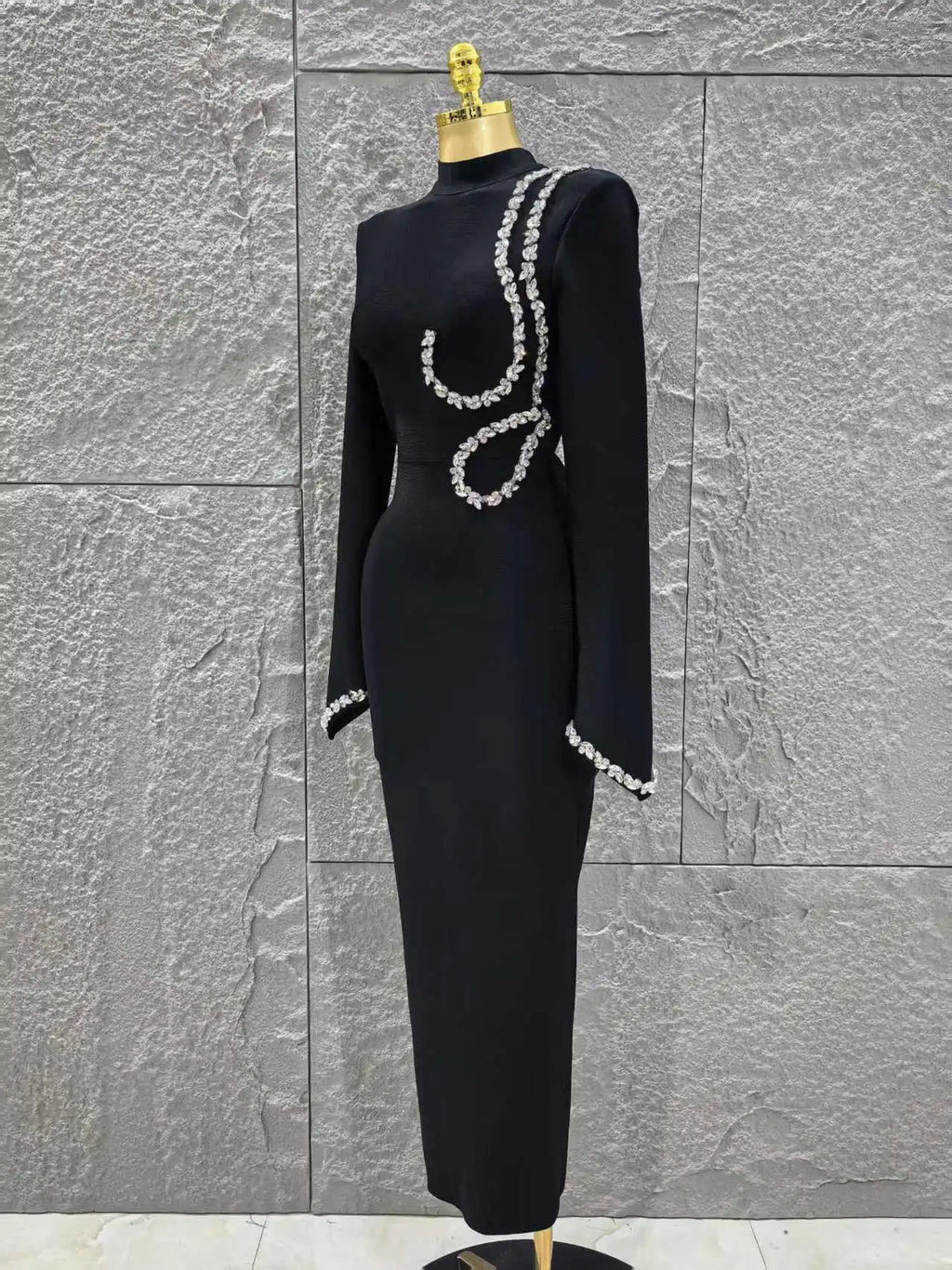 Black Red Women Long Sleeve Shinning Crystal Bodycon