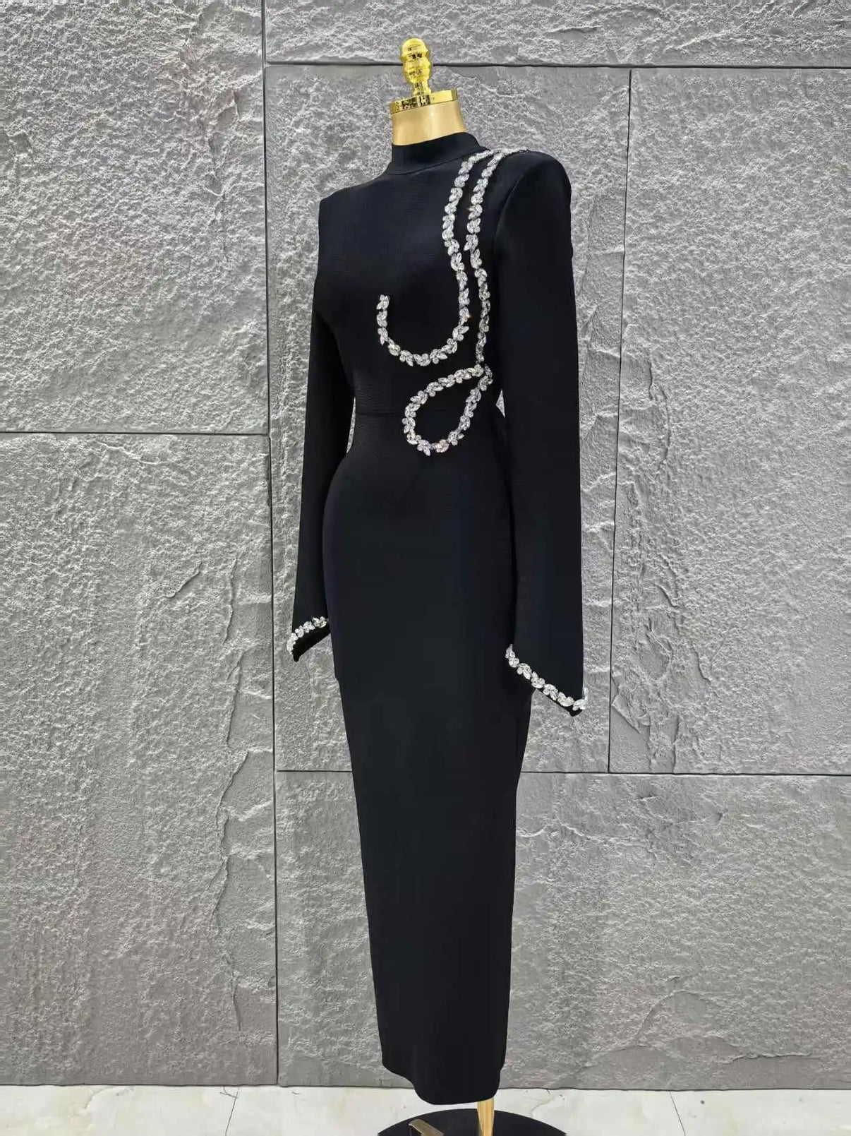 Black Red Women Long Sleeve Shinning Crystal Bodycon