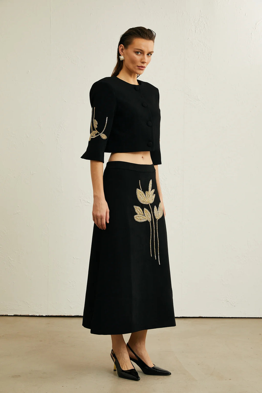 Pauline black floral-appliqué jacket & skirt matching set