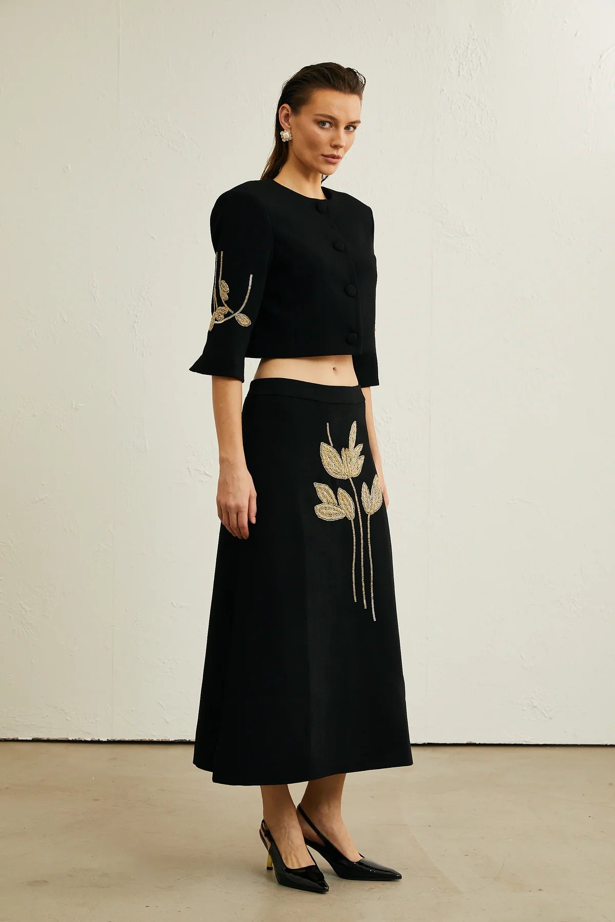 Pauline black floral-appliqué jacket & skirt matching set