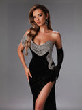 Torin Strapless Wave Crystal Velvet Maxi Dress
