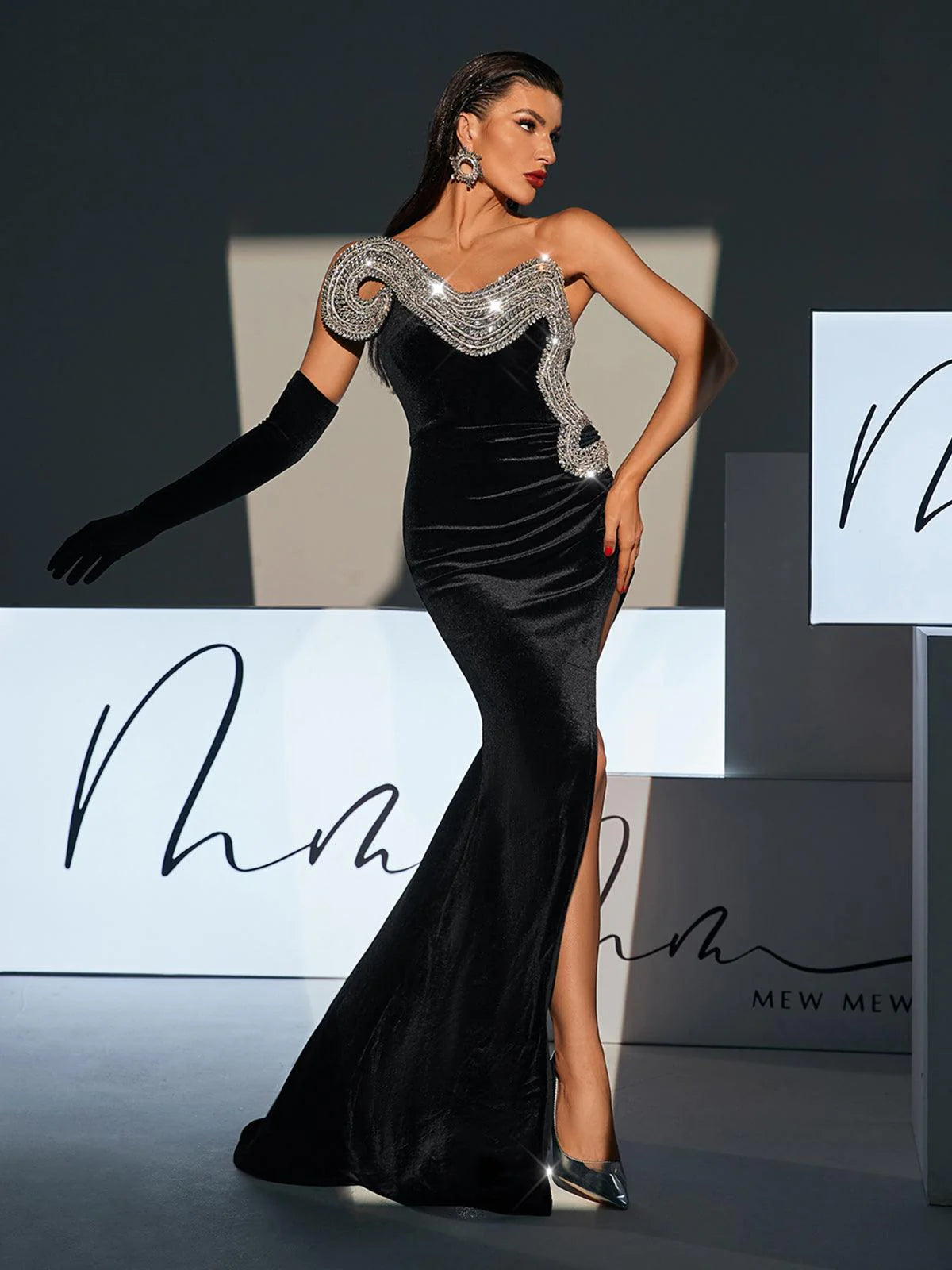Torin Strapless Wave Crystal Velvet Maxi Dress