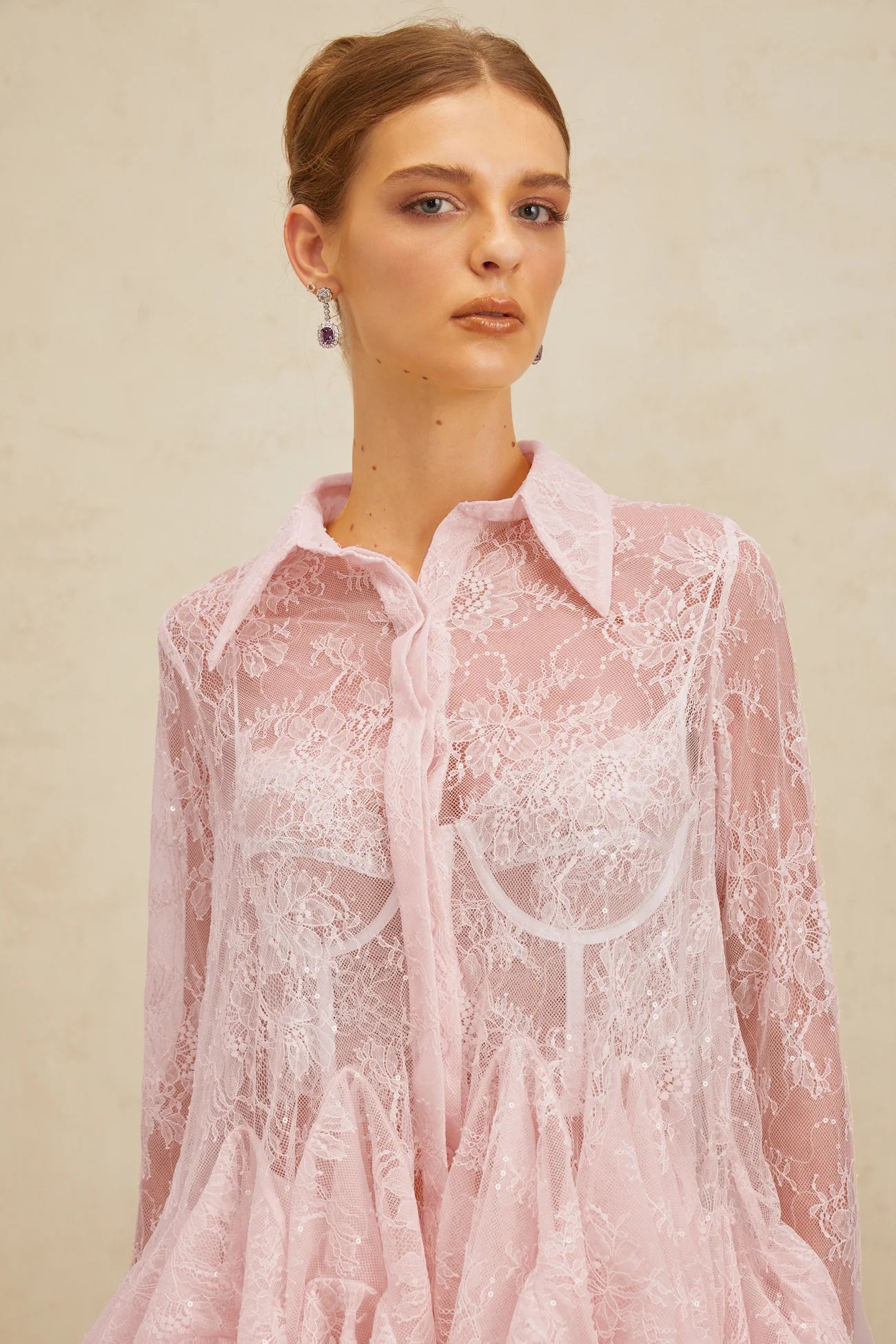 Ingrid Pink Peplum Floral Lace Blouse