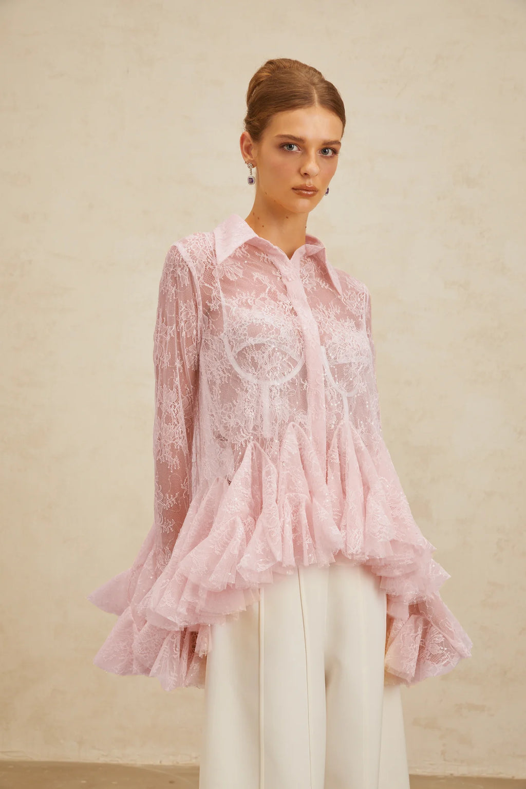 Ingrid Pink Peplum Floral Lace Blouse