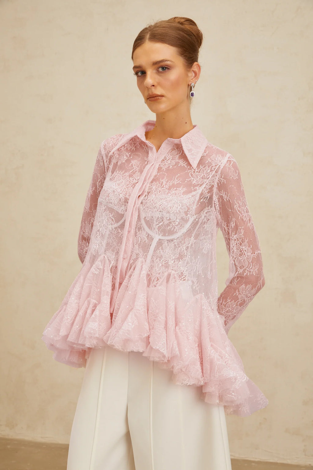 Ingrid Pink Peplum Floral Lace Blouse