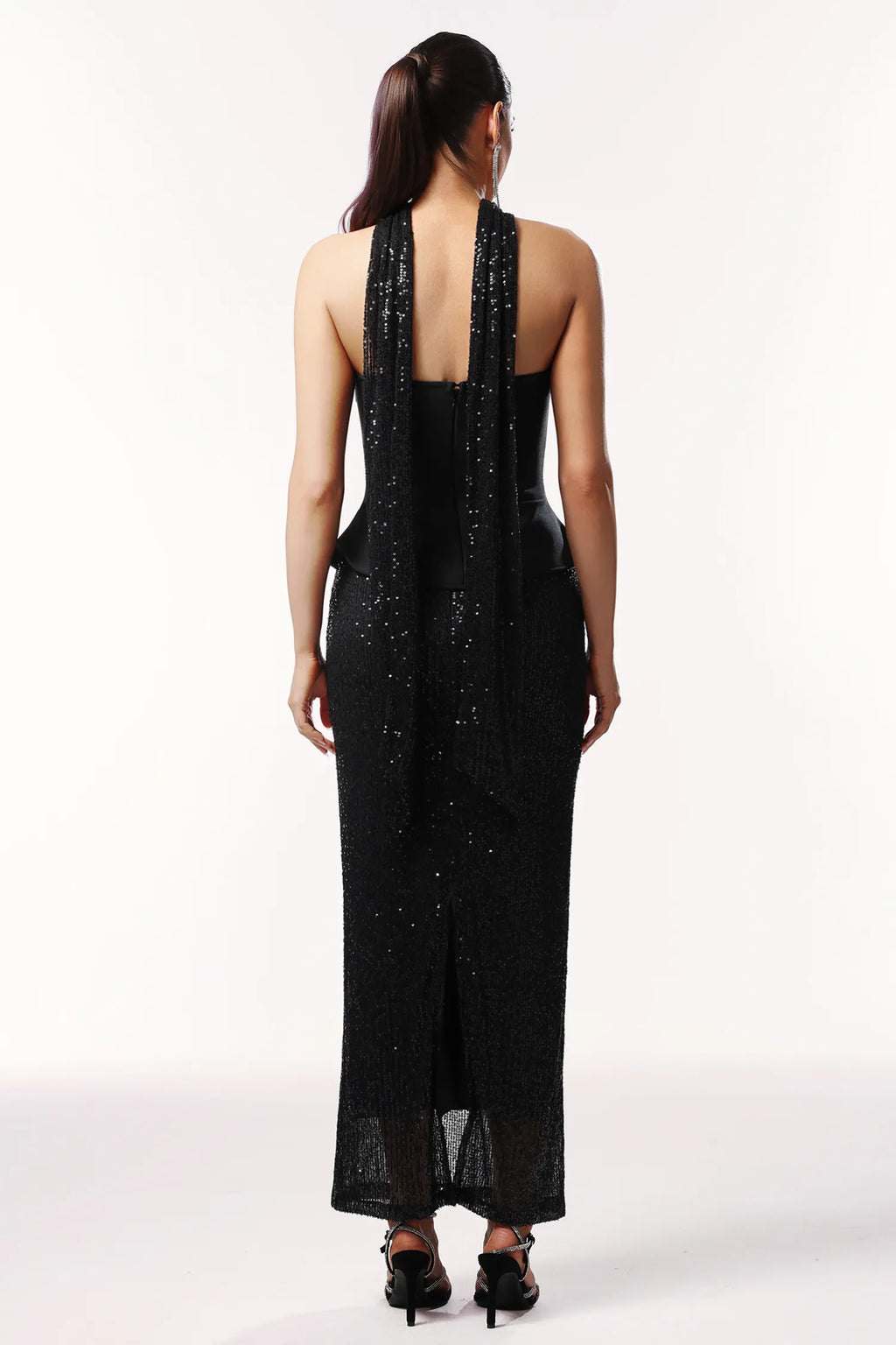 Kale Sleeveless Ribbon Sequins Bandage Maxi Two-Piece Set