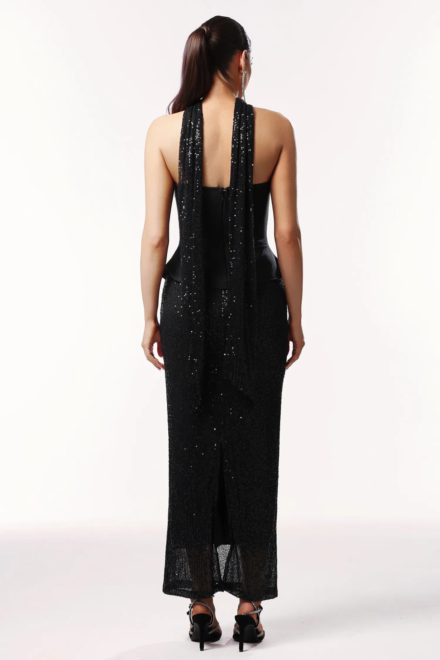 Kale Sleeveless Ribbon Sequins Bandage Maxi Two-Piece Set