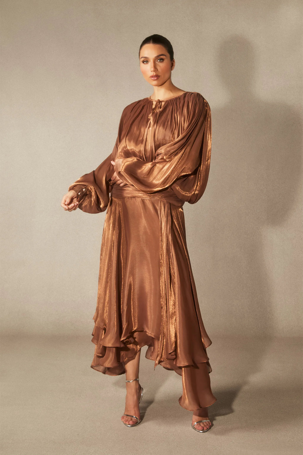 Leanna Long Sleeve Ruffled Hem Midi Dress