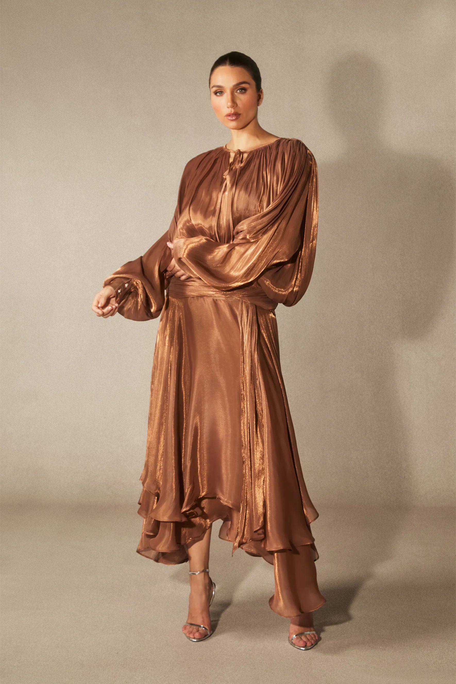 Leanna Long Sleeve Ruffled Hem Midi Dress