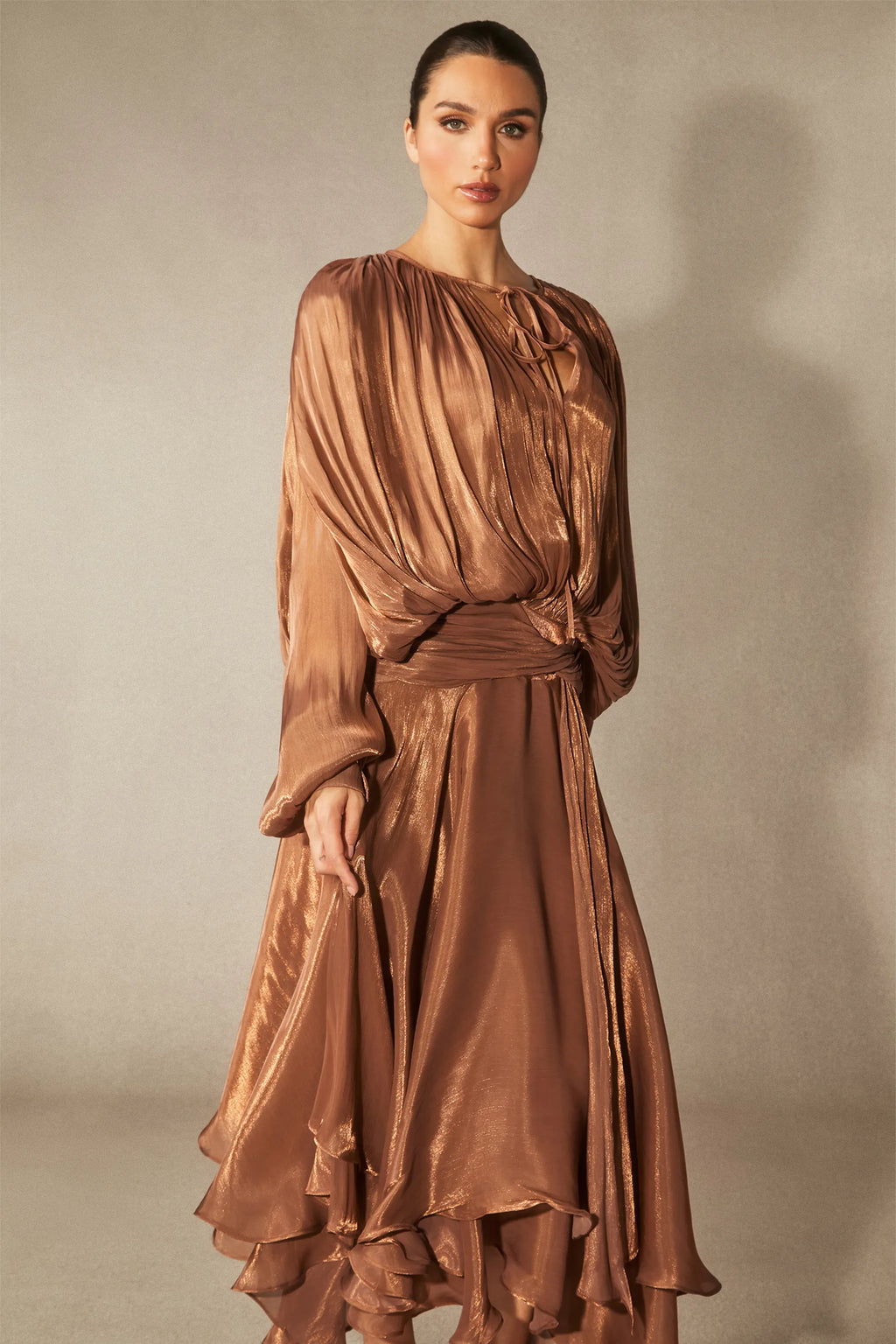 Leanna Long Sleeve Ruffled Hem Midi Dress