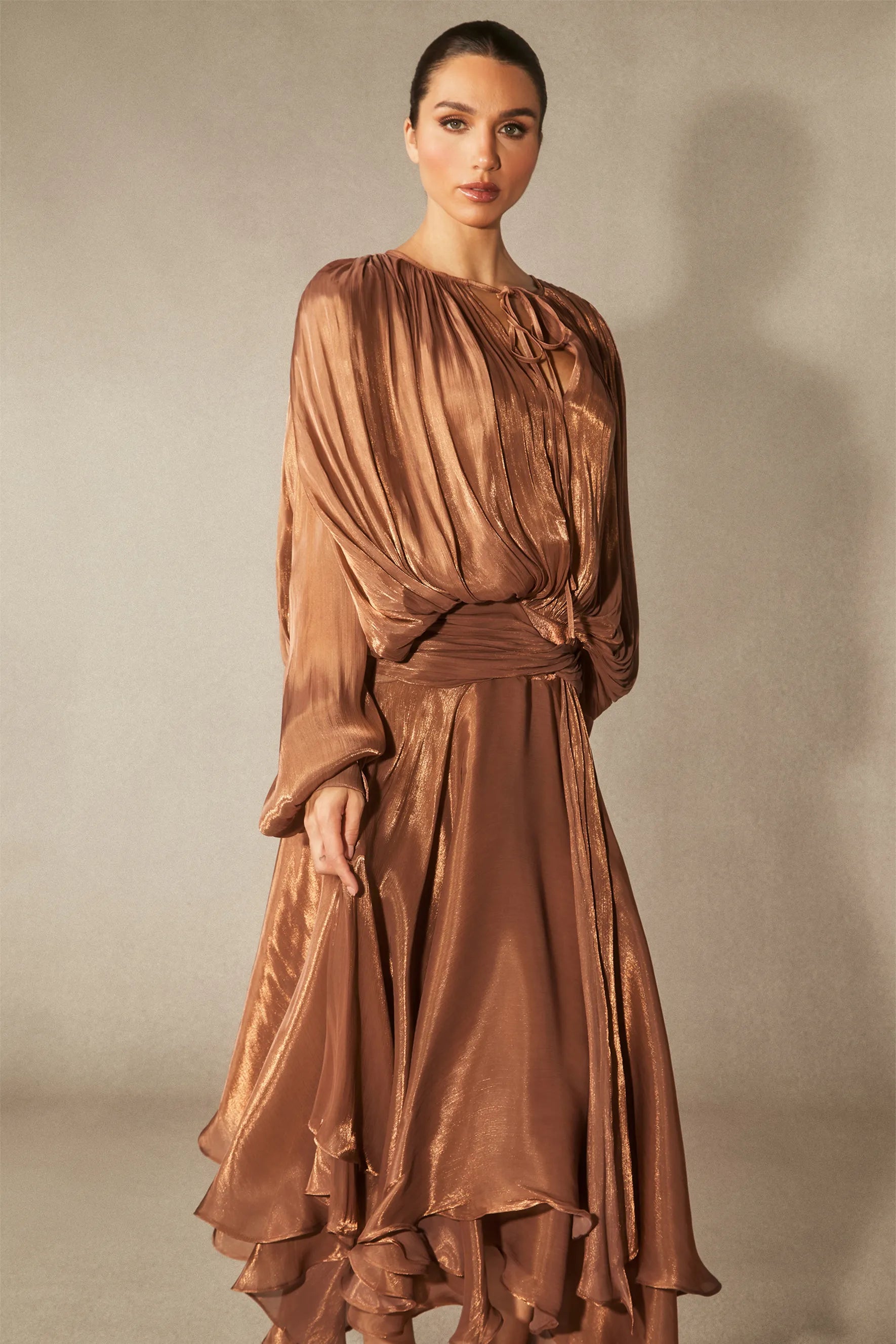 Leanna Long Sleeve Ruffled Hem Midi Dress