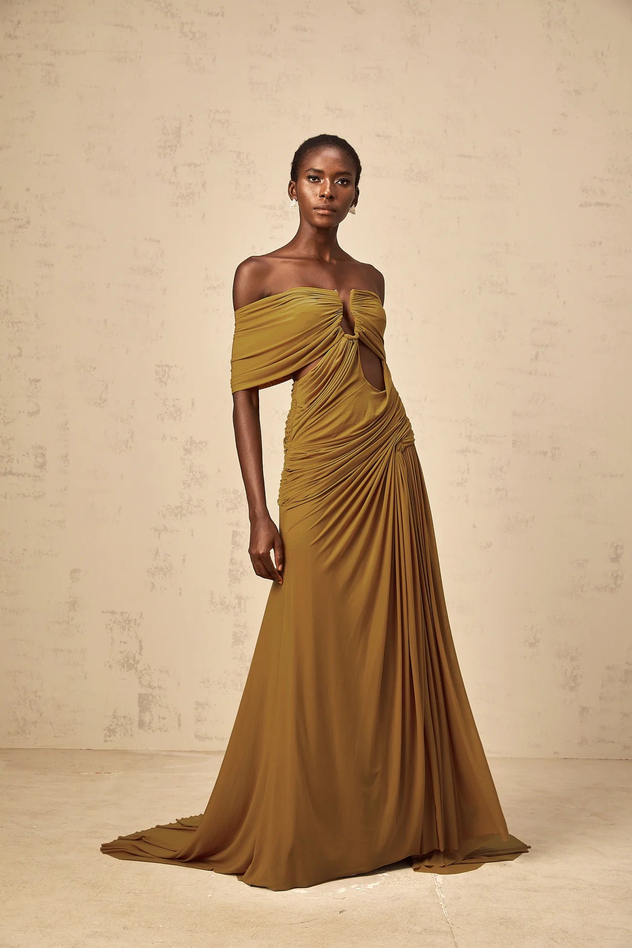 Ludivine Ocher off-Shoulder Cut-out Ruched Maxi Dress