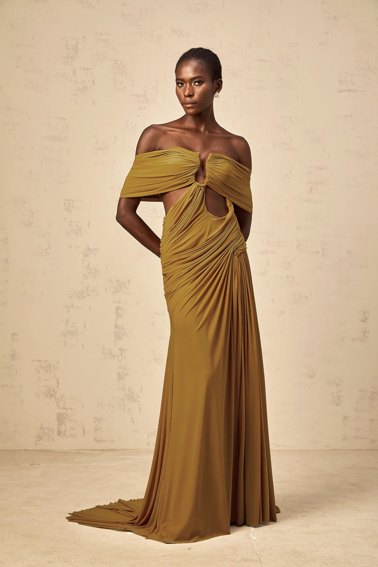 Ludivine Ocher off-Shoulder Cut-out Ruched Maxi Dress
