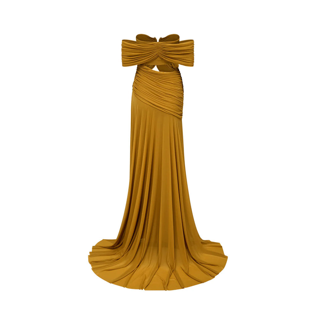 Ludivine Ocher off-Shoulder Cut-out Ruched Maxi Dress