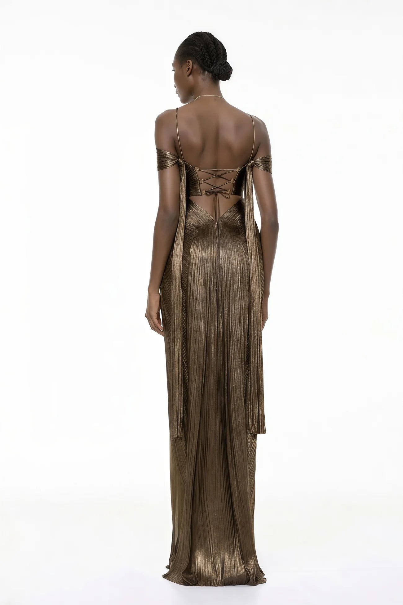 Marise Brown Draped Satin Maxi Dress