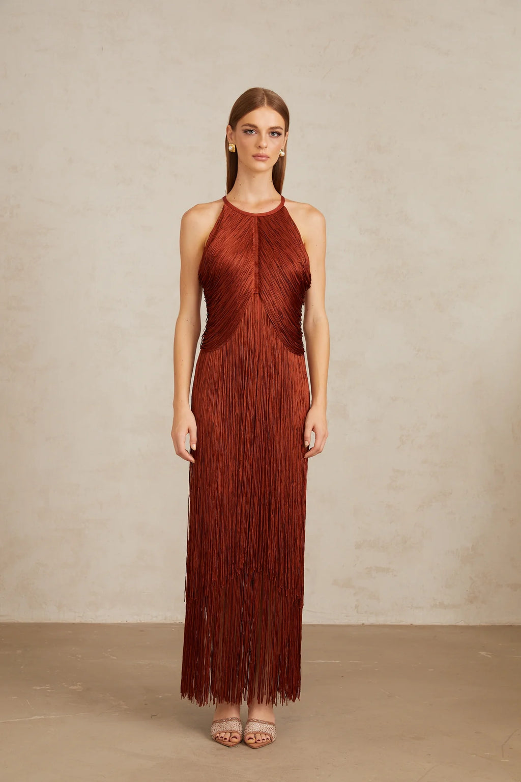 Mélisande Rusty Red Halterneck Fringed Maxi Gown