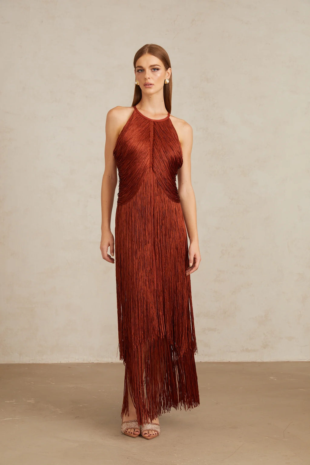 Mélisande Rusty Red Halterneck Fringed Maxi Gown