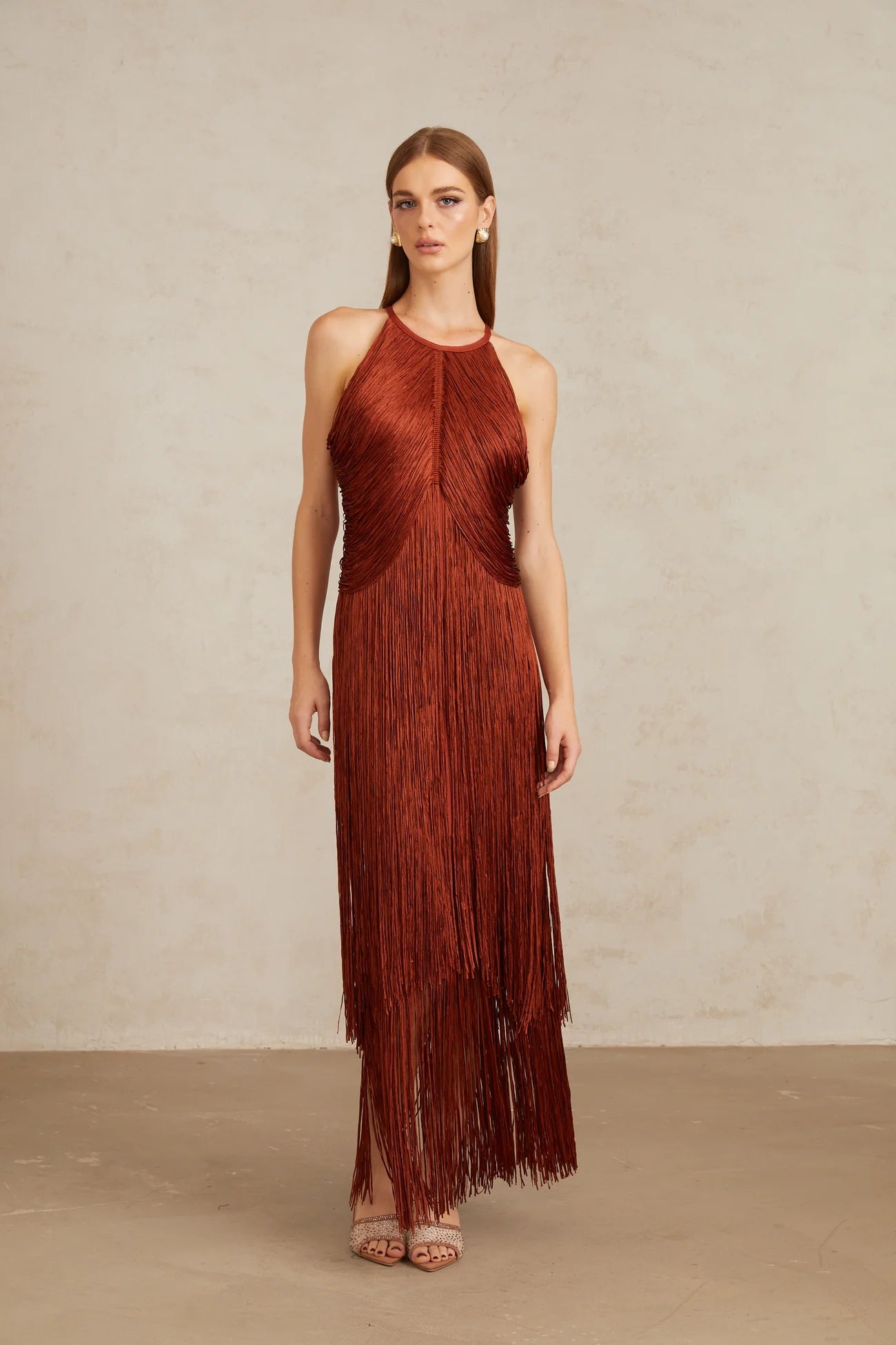 Mélisande Rusty Red Halterneck Fringed Maxi Gown