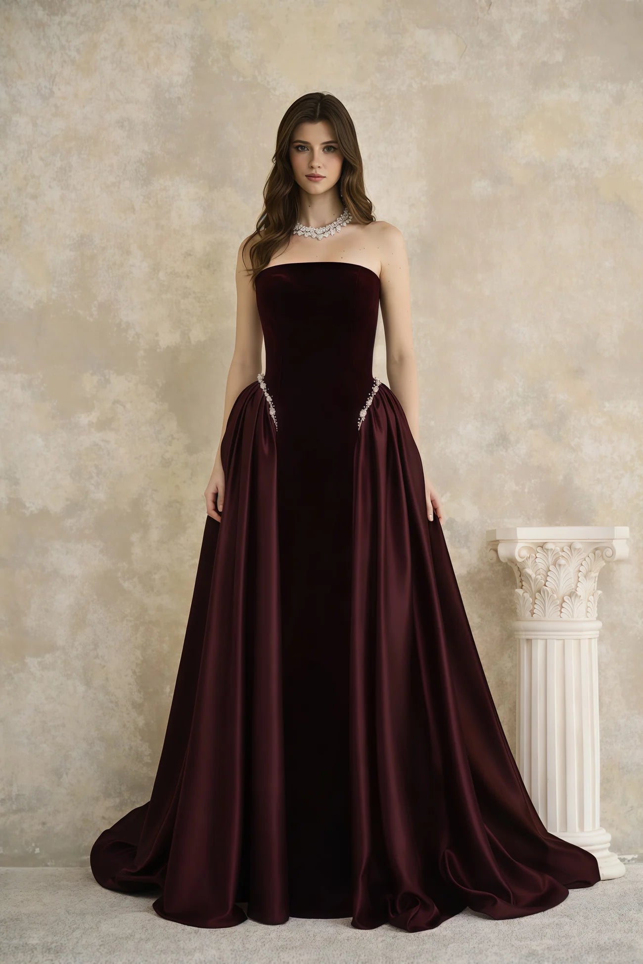 Raffaella Burgundy Pearl Trim Maxi Gown