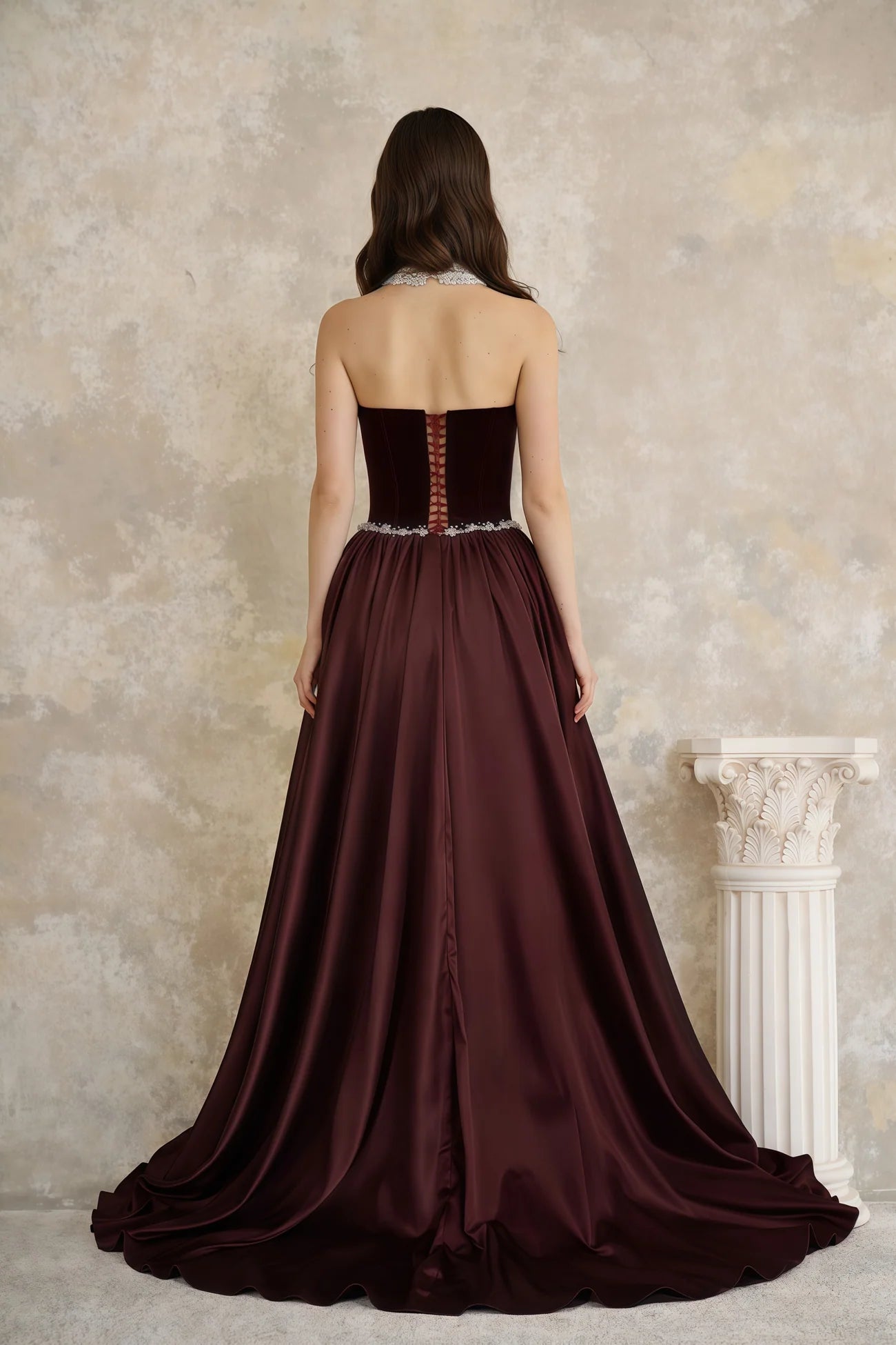 Raffaella Burgundy Pearl Trim Maxi Gown