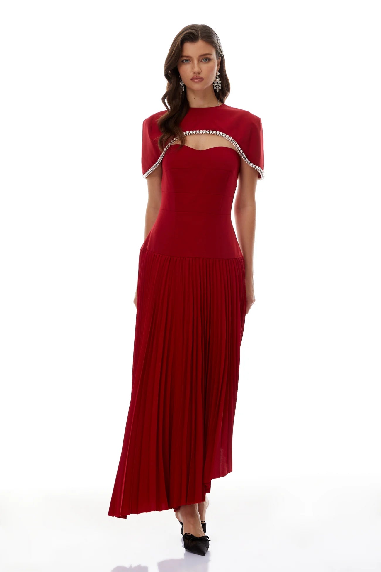 Roberta Red Pleated Dress & Cape Set