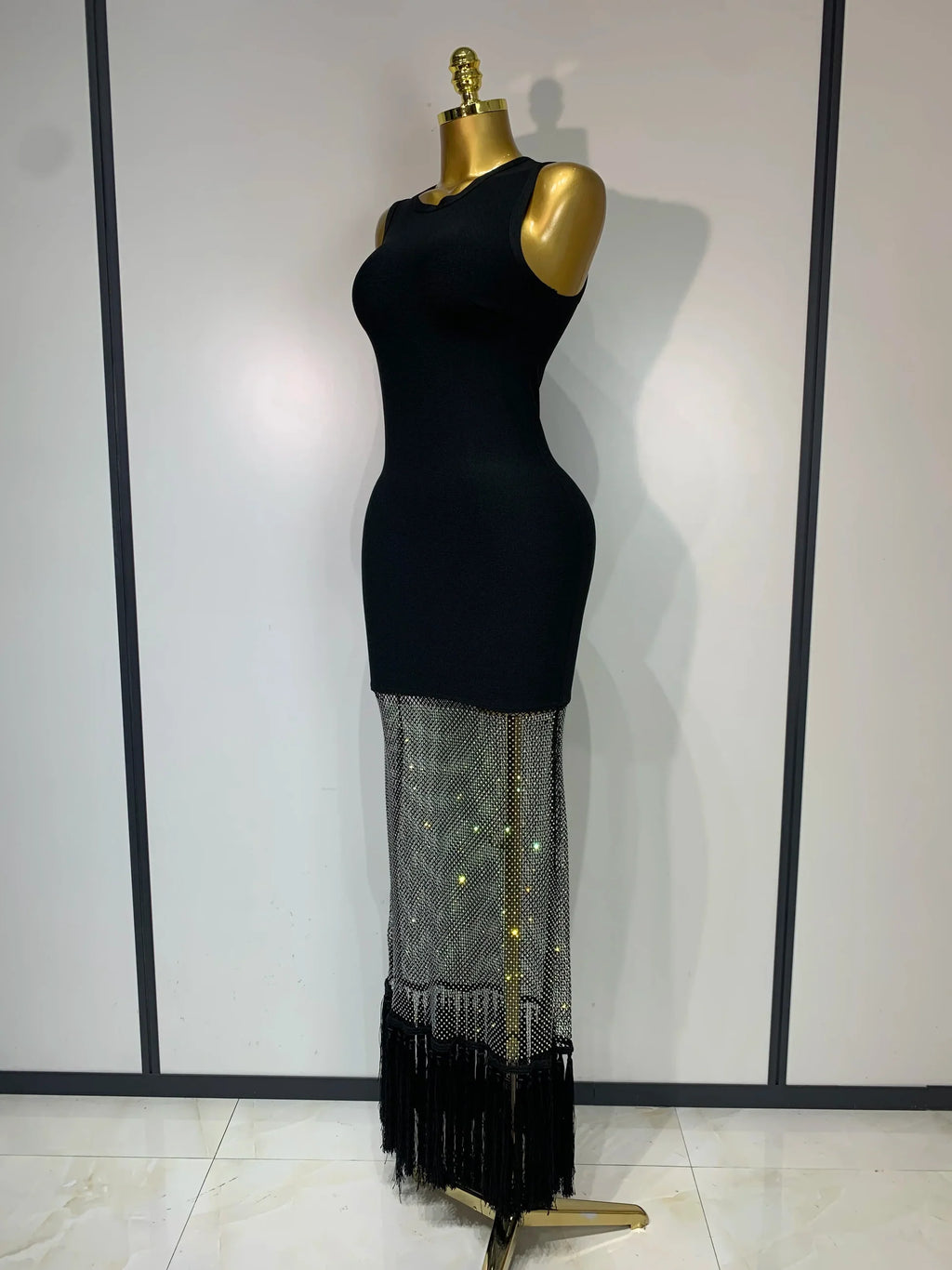 New Fashion Black Sleeveless Sparkly Diamonds Tassel Bandage Dress Celebrity Cocktail Evening Party Luxury Birthday Gown