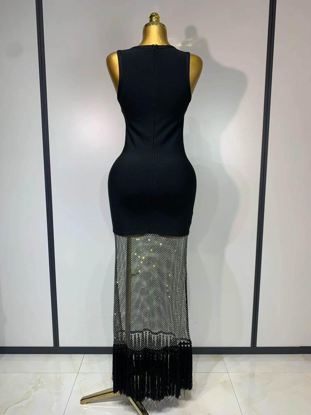 New Fashion Black Sleeveless Sparkly Diamonds Tassel Bandage Dress Celebrity Cocktail Evening Party Luxury Birthday Gown