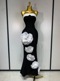 Women Sexy Strapless Backless Flower Maxi Long Bandage Dress Knitted Celebrity Elegant Evening Club Party Birthday Dresses