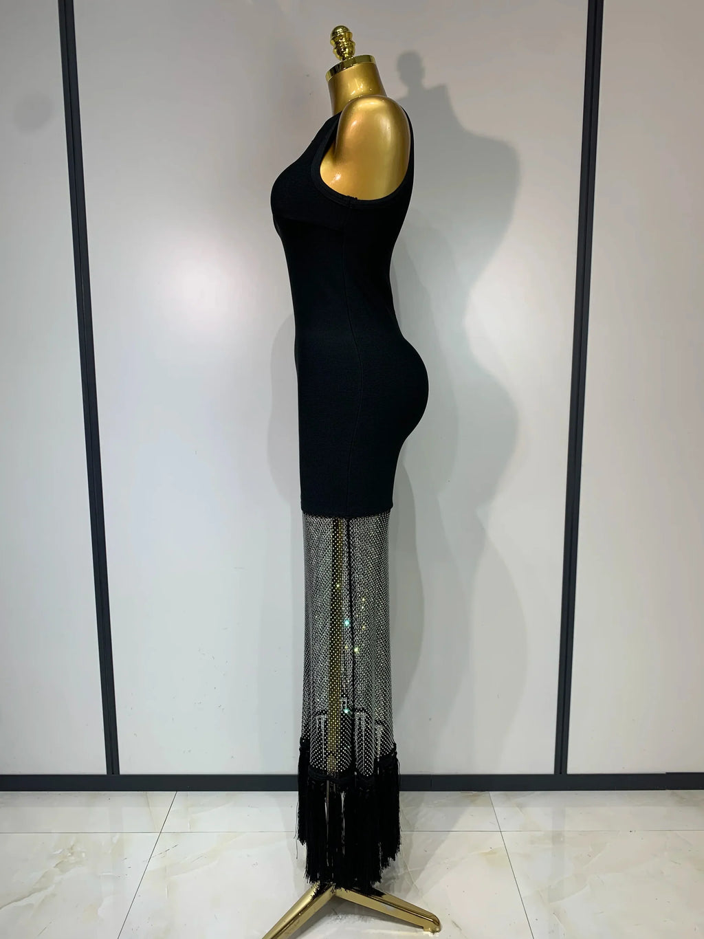 New Fashion Black Sleeveless Sparkly Diamonds Tassel Bandage Dress Celebrity Cocktail Evening Party Luxury Birthday Gown