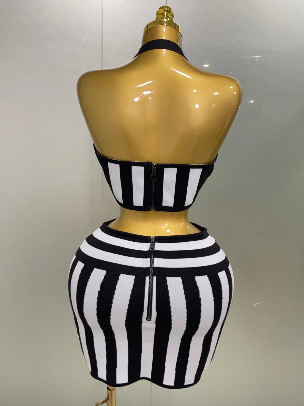 New Women Celebrity Sexy Jacquard Black White Two Piece Bodycon Striped Bandage Skirt Set Designer Evening Party Dress
