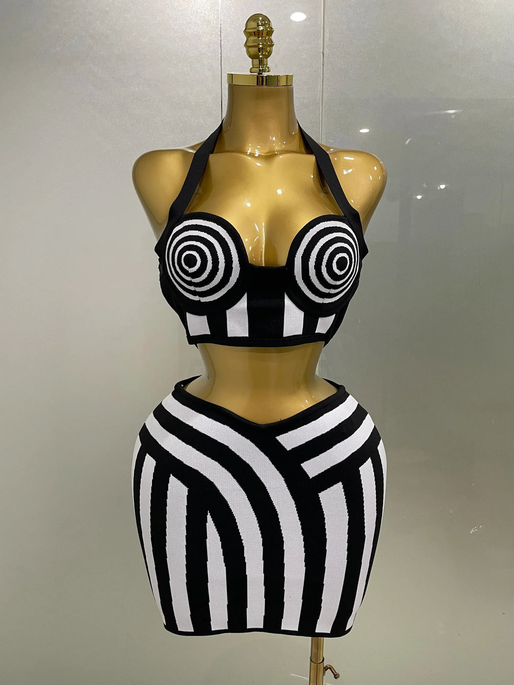 New Women Celebrity Sexy Jacquard Black White Two Piece Bodycon Striped Bandage Skirt Set Designer Evening Party Dress