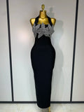 Women Sexy Sleeveless Halter Backless Shiny Diamond Flower Bodycon Bandage Dress Celebirty Elegant Evening Party Birthday Dress
