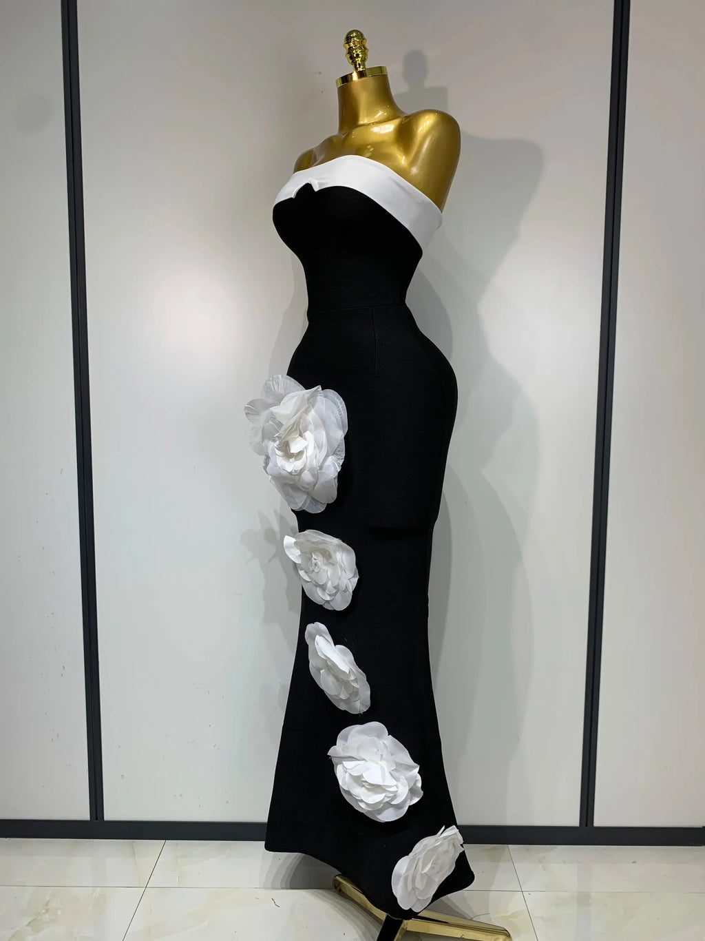Women Sexy Strapless Backless Flower Maxi Long Bandage Dress Knitted Celebrity Elegant Evening Club Party Birthday Dresses