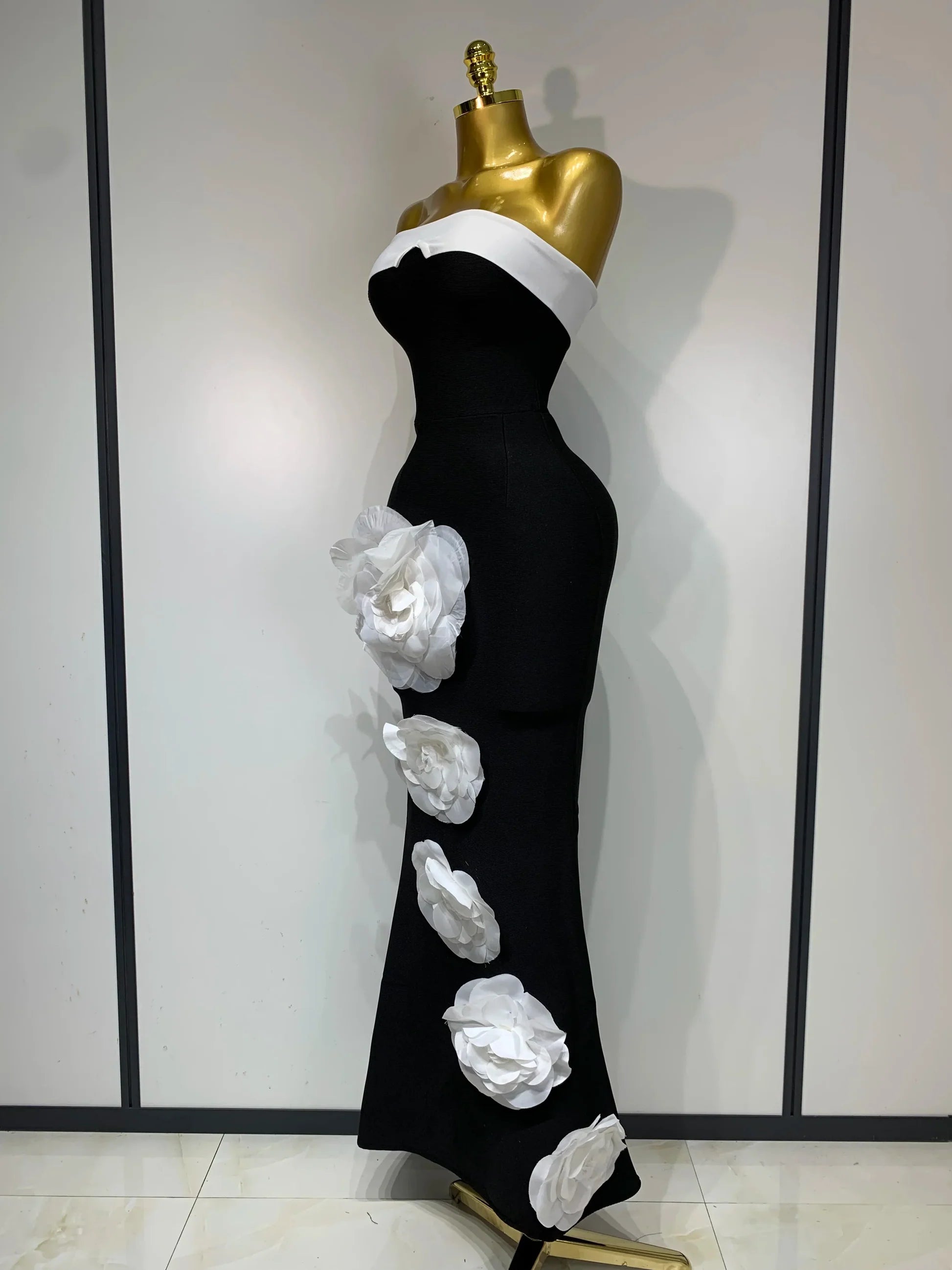 Women Sexy Strapless Backless Flower Maxi Long Bandage Dress Knitted Celebrity Elegant Evening Club Party Birthday Dresses