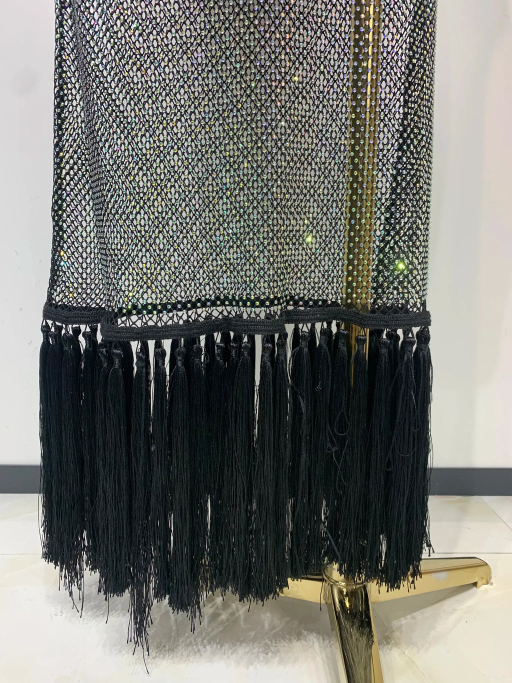 New Fashion Black Sleeveless Sparkly Diamonds Tassel Bandage Dress Celebrity Cocktail Evening Party Luxury Birthday Gown