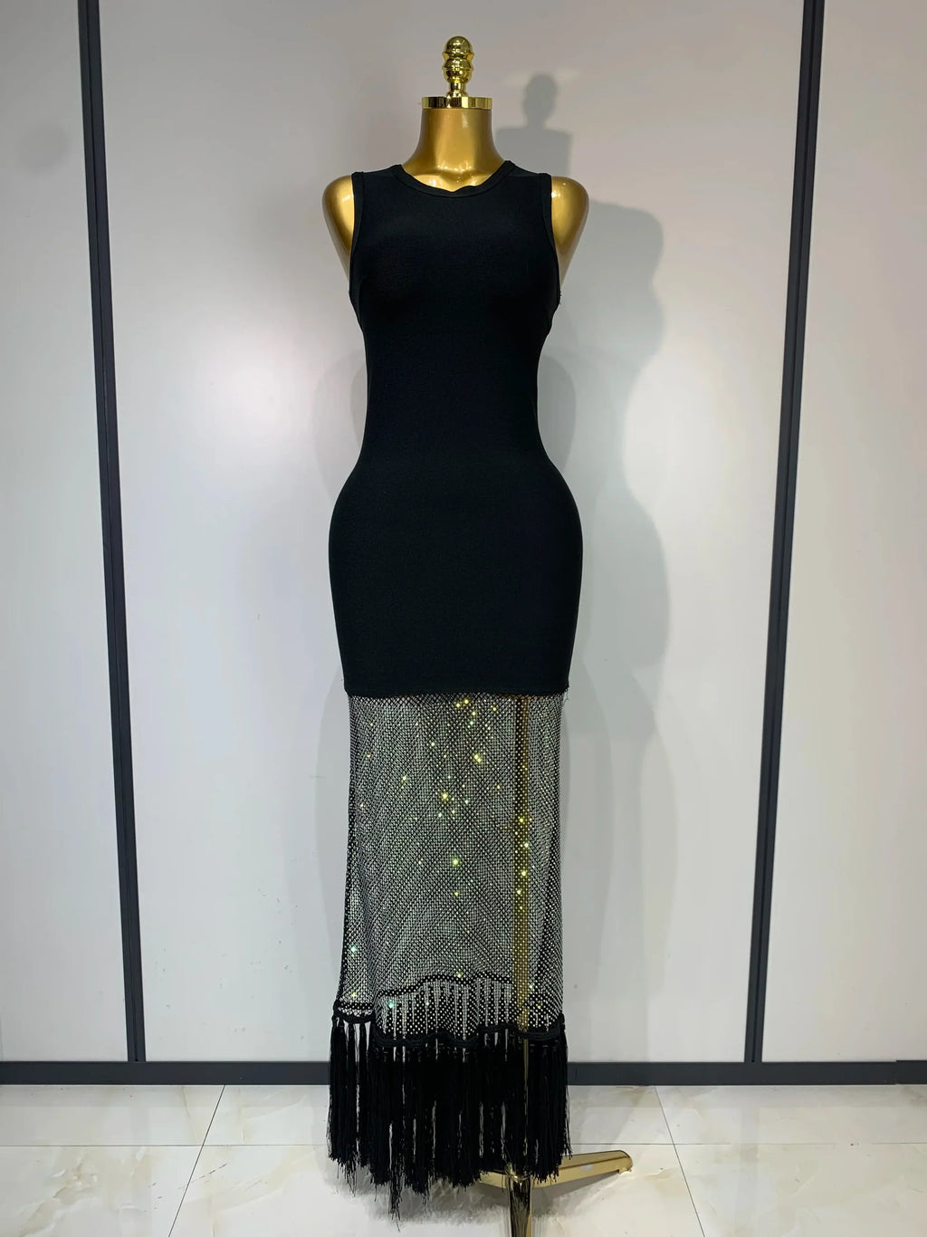 New Fashion Black Sleeveless Sparkly Diamonds Tassel Bandage Dress Celebrity Cocktail Evening Party Luxury Birthday Gown