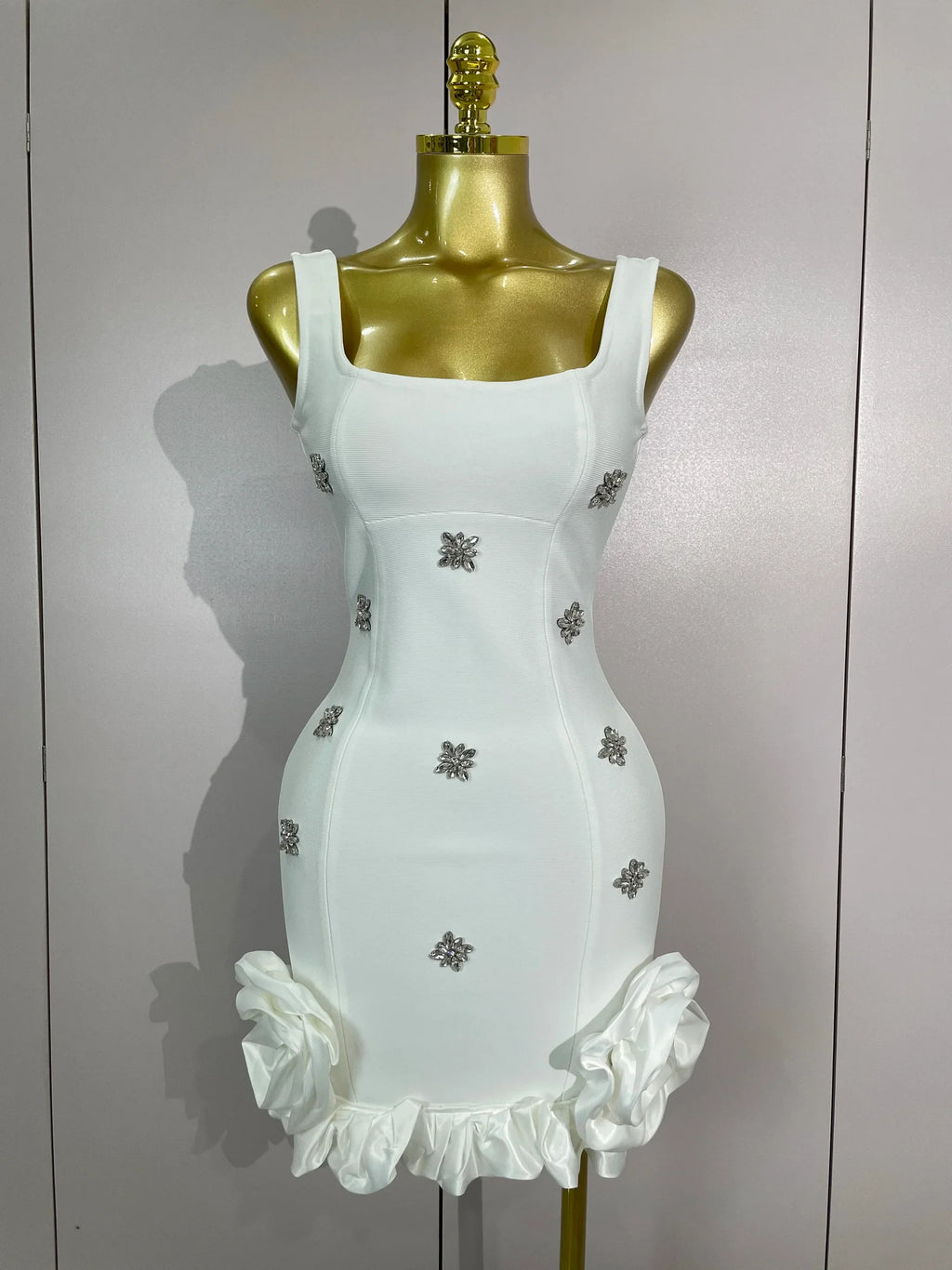 New STyle Shining Crystal Women Sleeveless Bodycon Mini Bandage Dress Elegant Ruffles Cute Birthday Party Celebrate Dress