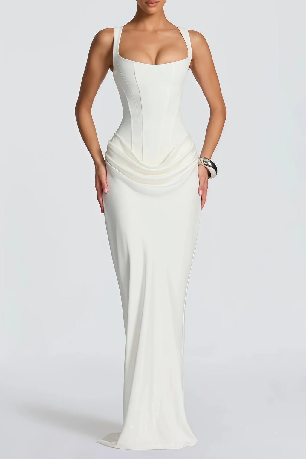 Paulette White Ruched Corset Maxi Dress