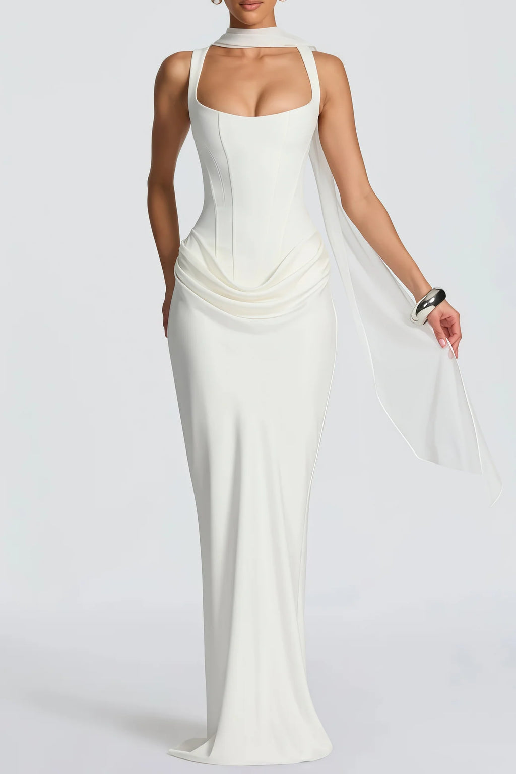 Paulette White Ruched Corset Maxi Dress