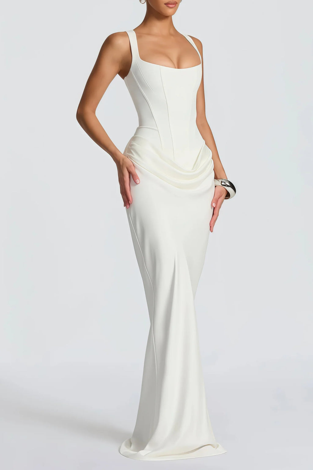 Paulette White Ruched Corset Maxi Dress
