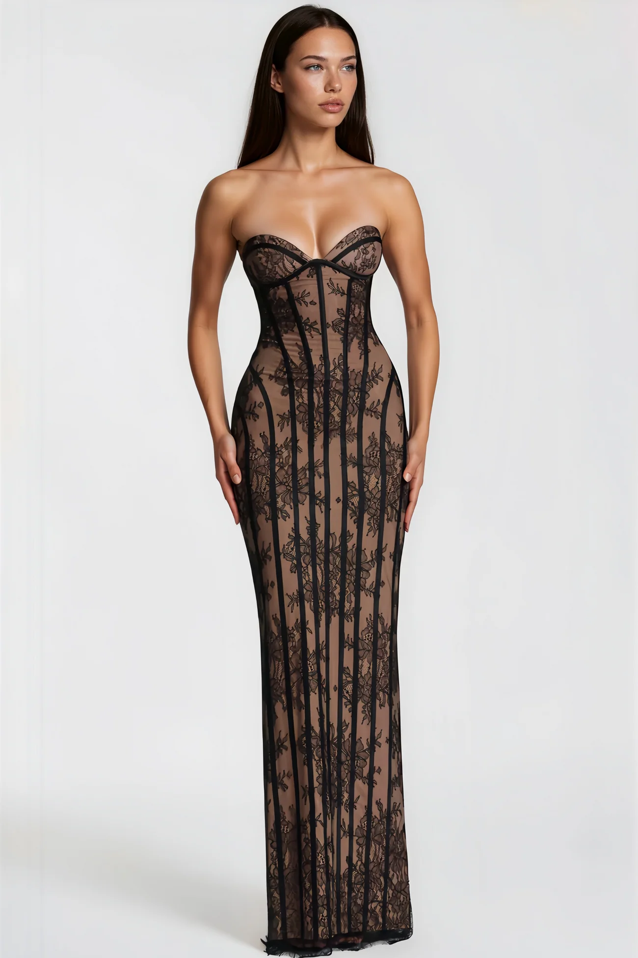 Urszula Black Floral Lace Corset Maxi Dress