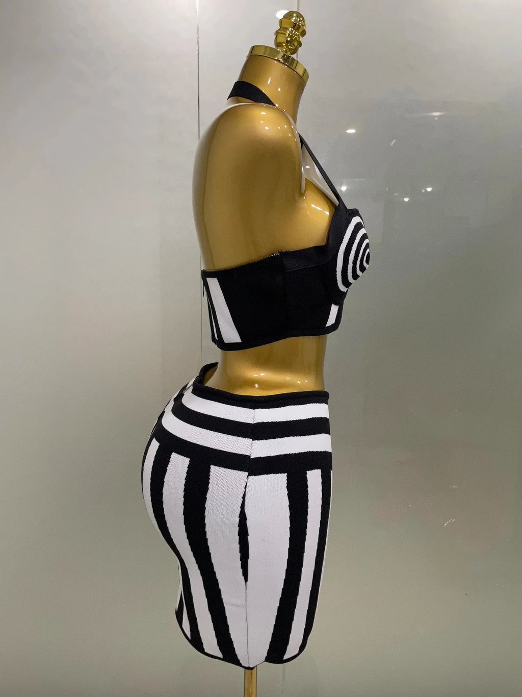 New Women Celebrity Sexy Jacquard Black White Two Piece Bodycon Striped Bandage Skirt Set Designer Evening Party Dress