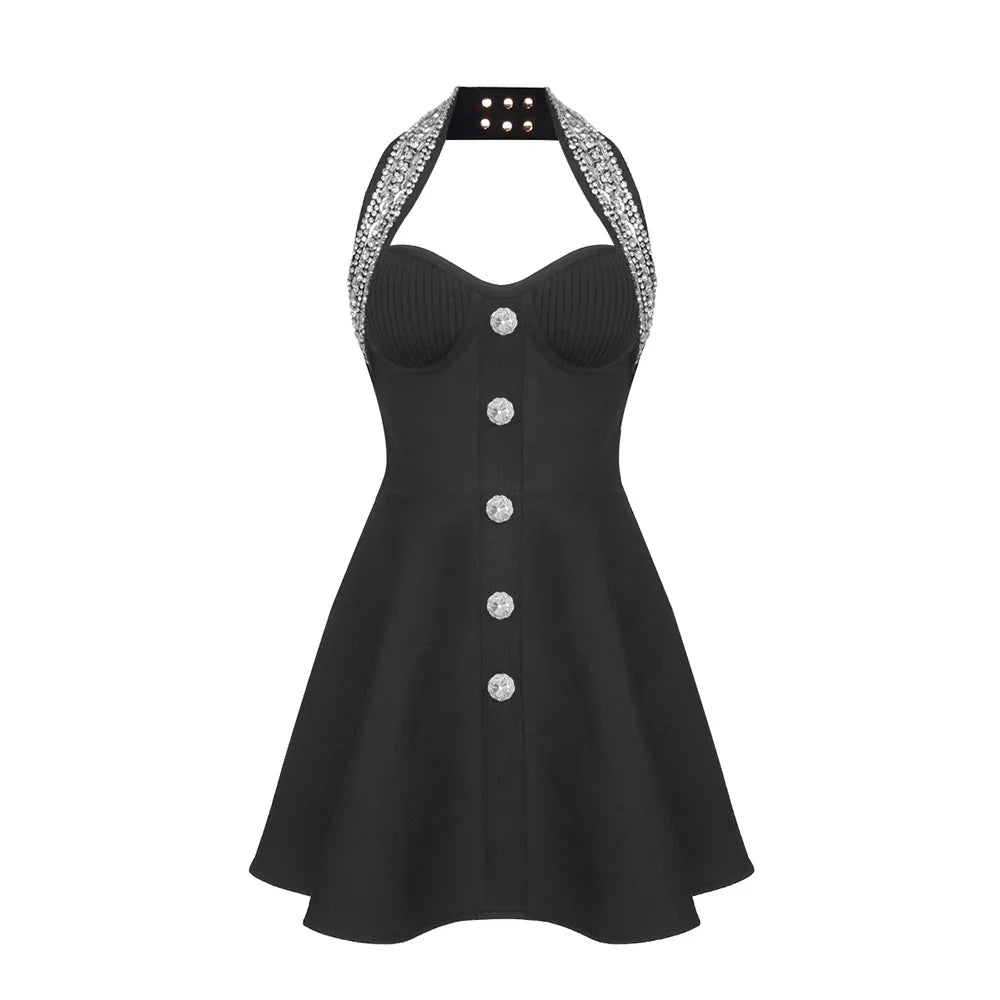VC Fashion Summer Womens Dresses 2024 Luxury Diamond Halter Sleeveless Black Bandage A-Line Short Dress