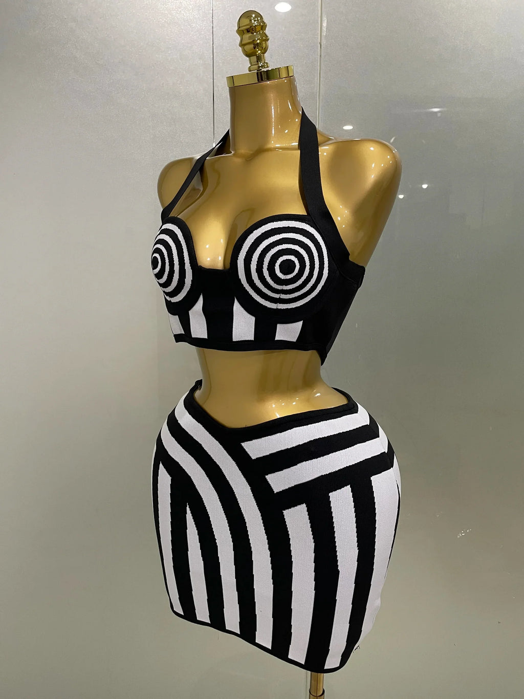 New Women Celebrity Sexy Jacquard Black White Two Piece Bodycon Striped Bandage Skirt Set Designer Evening Party Dress