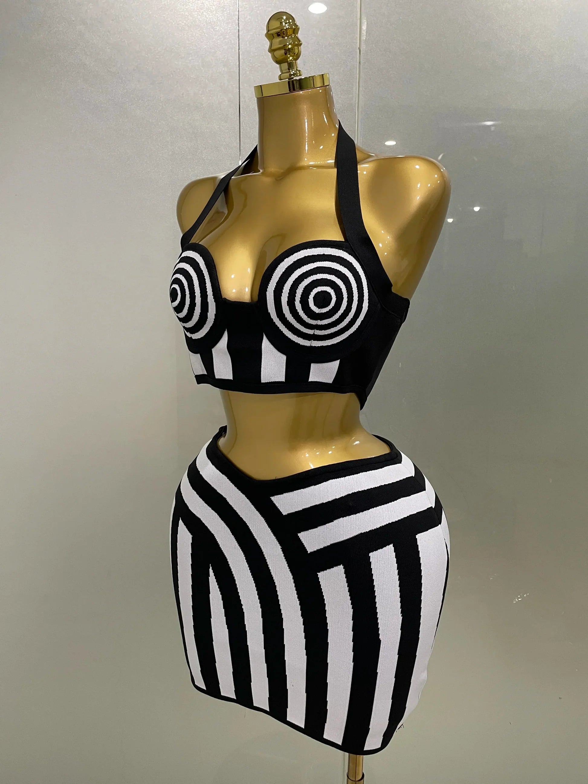 New Women Celebrity Sexy Jacquard Black White Two Piece Bodycon Striped Bandage Skirt Set Designer Evening Party Dress